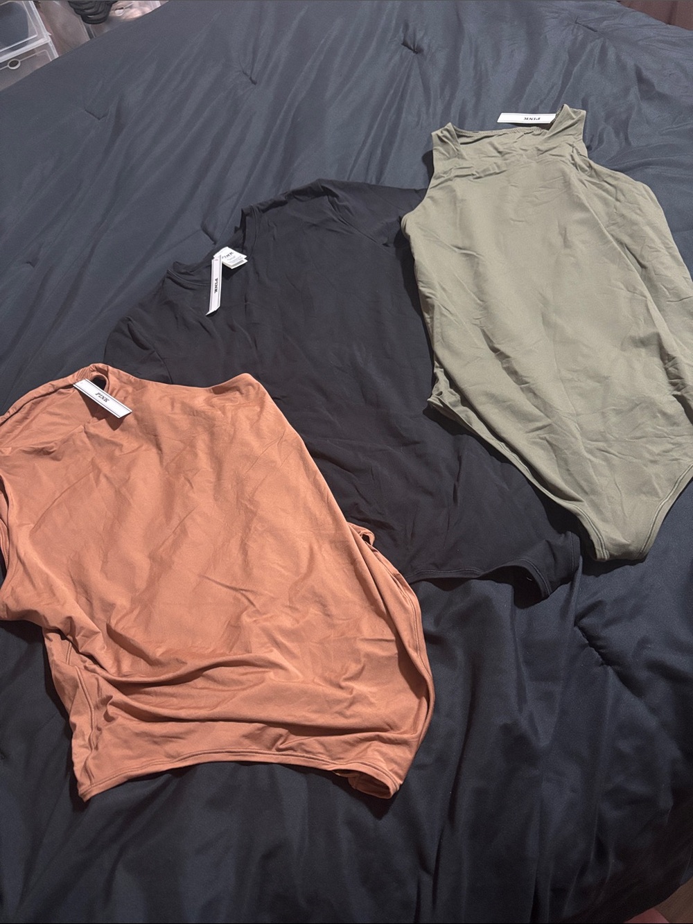 PINK Victoria's Secret Trio of Bodysuits in Green, Black & Brown